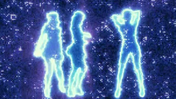 三个性感的女孩在迪斯科背景蓝色剪影跳舞