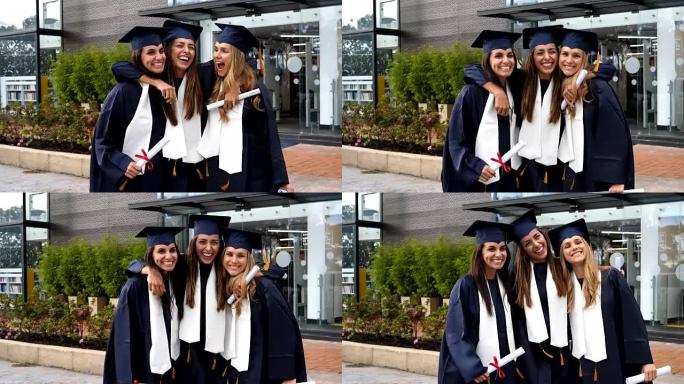 美丽的拉丁美洲成年女性庆祝她们毕业后的研究生学习拥抱和微笑