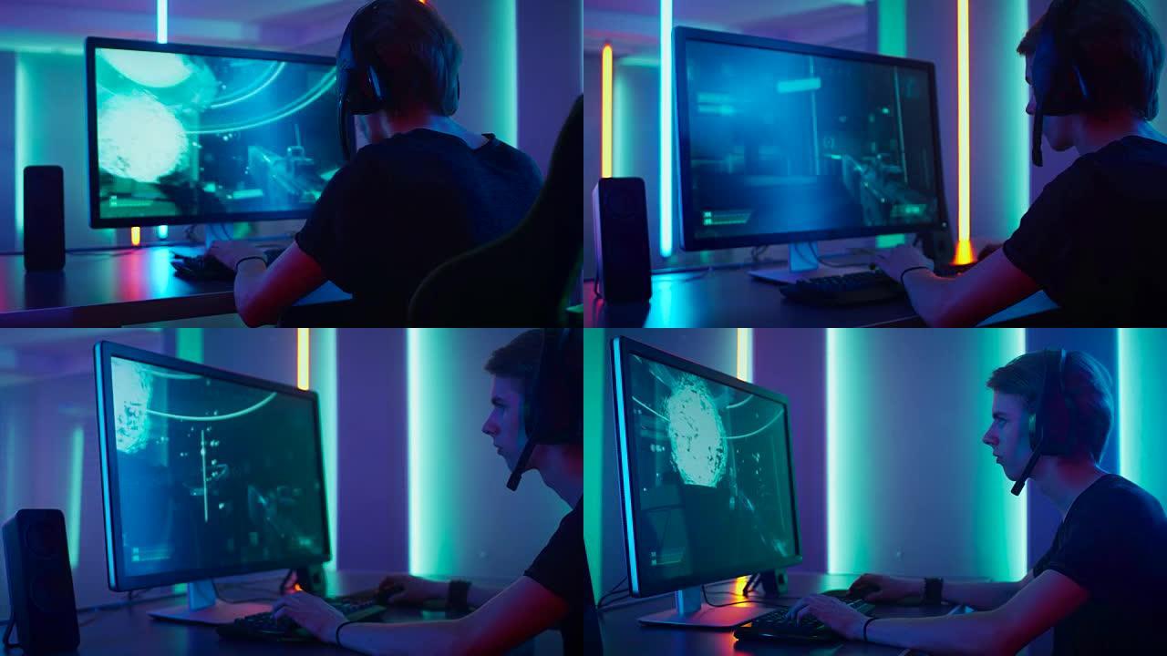 职业玩家在他的个人计算机上玩第一人称射击游戏在线视频游戏的弧光。复古拱廊风格的霓虹灯点亮的房间。在线