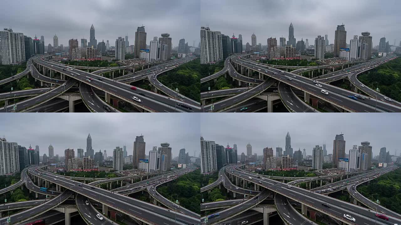 延时-上海繁忙立交桥的鸟瞰图 (放大)