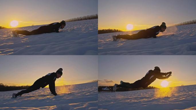 WS男子在雪地里做俯卧撑