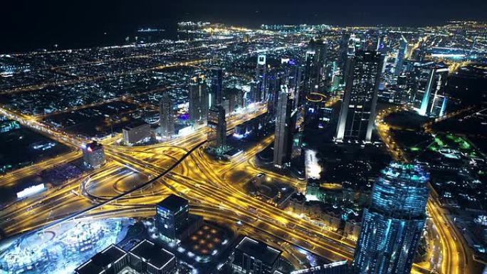迪拜市中心夜晚夜景灯火车流金融中心城市