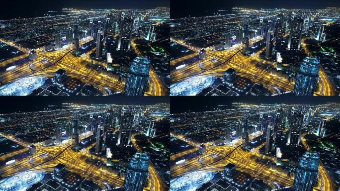 迪拜市中心夜晚夜景灯火车流金融中心城市