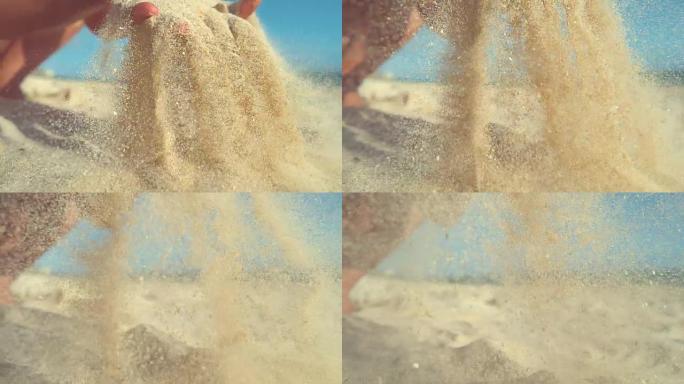 特写: 顽皮的年轻女子在相机上扔了一把白沙。