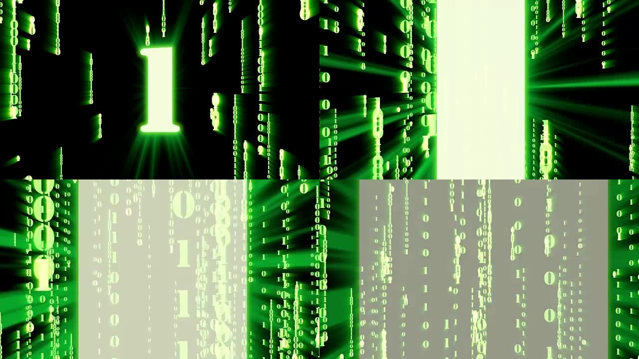 放大数字1和随机绿色粒子二进制数字的4k剪辑在动画背景，分析数据和计算机概念上的矩阵效应下降