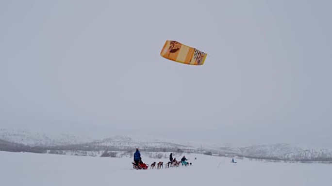 挪威的SLO MO狗拉雪橇和风筝冲浪