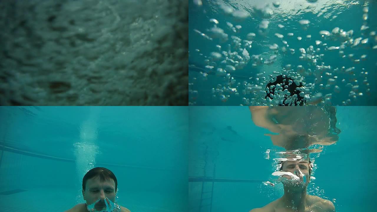 高清慢动作：男子带着相机跳进游泳池