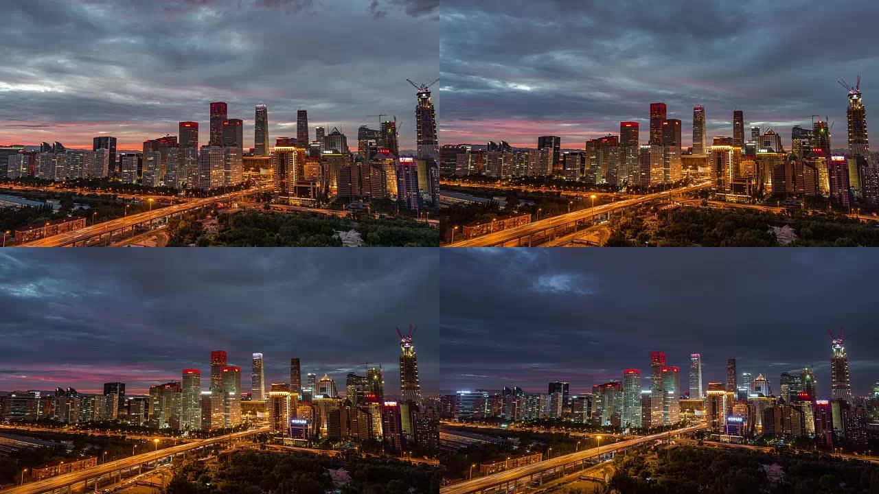 延时-从白天到晚上的北京天际线高架视图 (Zoom)