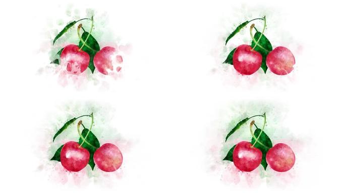 樱桃绘画动画樱桃绘画水果水彩水墨
