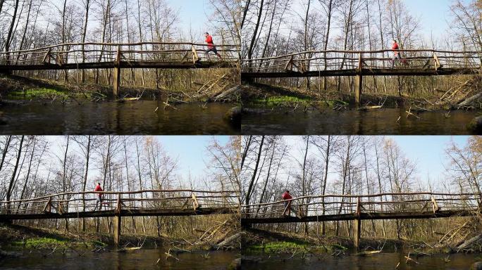 高清超级慢镜头：男子慢跑过桥
