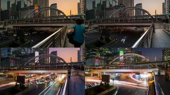 曼谷冲农西的天桥和交通，昼夜流逝