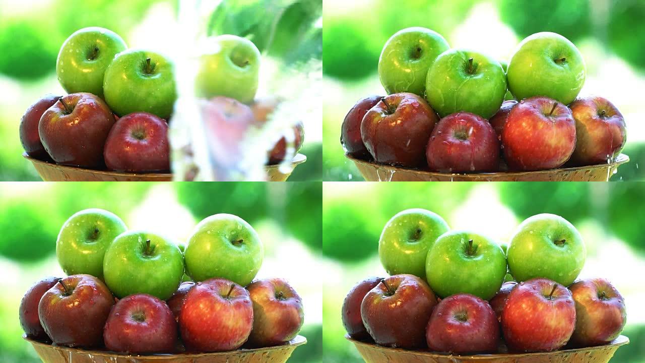 新鲜混合红苹果，青苹果-慢动作