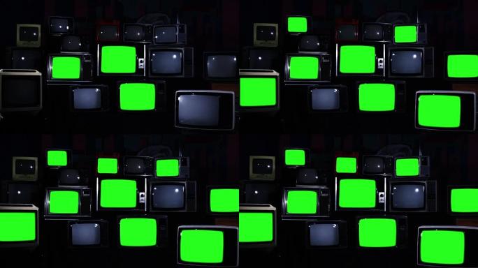 许多绿色屏幕的电视。蓝色的基调。80年代的美学。