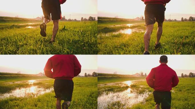 SLO MO男子在潮湿的草地上奔跑