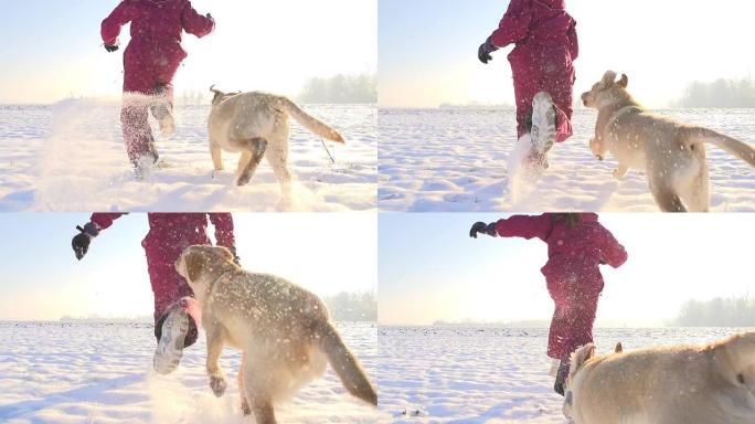 SLO MO女孩与她的小狗在雪地里奔跑