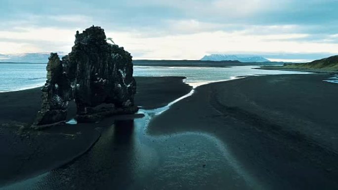 Hvitserkur-火山黑海滩上的标志性海堆。鸟在无人机前飞行