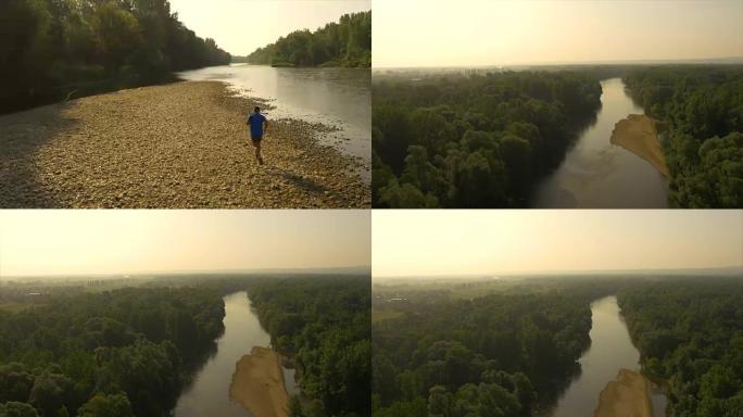 河边的空中跑步者晨跑打拼拼搏河床河水