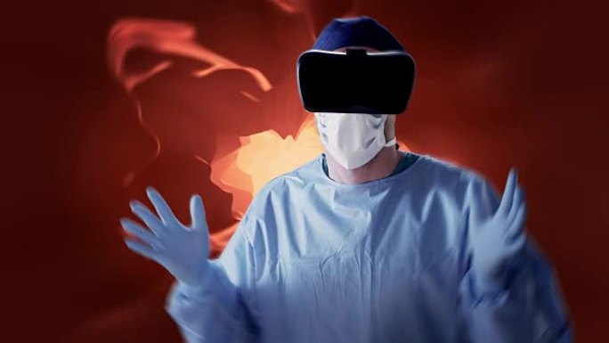 在虚拟现实眼镜中工作的外科医生。医学研究