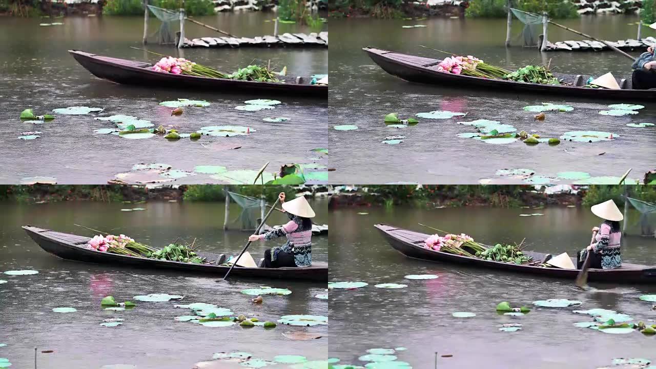 越南女子在越南同塔省Thap Muoi的大湖中下雨时，用粉红色的莲花和莲花吊舱划着传统的木船的4k镜