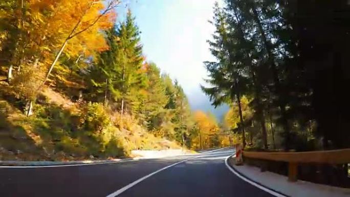 在蜿蜒的山路上行驶穿过秋天的森林