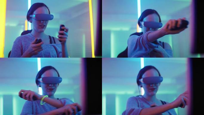 戴着虚拟现实耳机的职业玩家女孩玩带有操纵杆/控制器的剑斗在线视频游戏。房间里很酷的复古霓虹灯颜色。