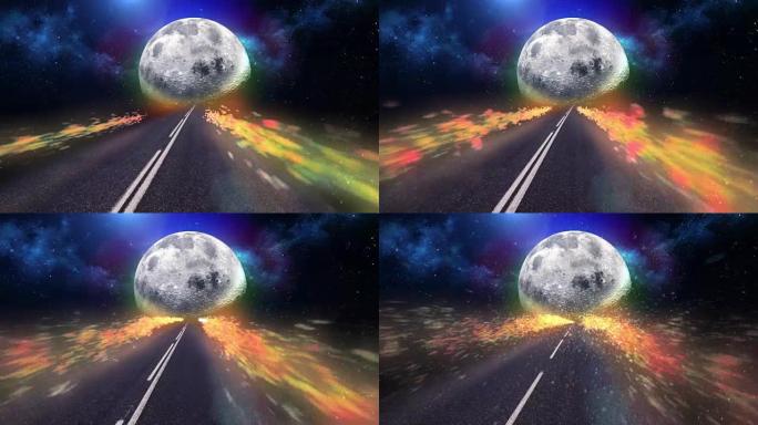 通往月球的高速公路。抽象，超现实的天空