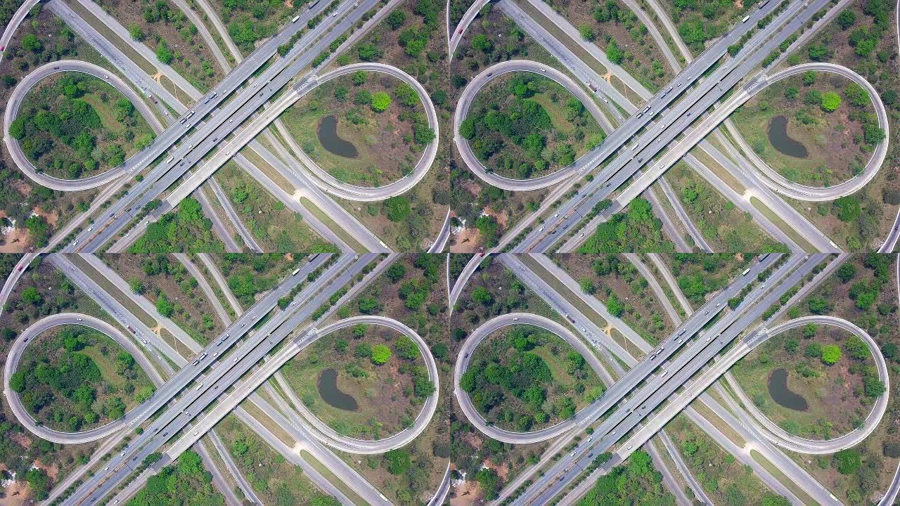 交叉路口细节中的高速公路，高速公路和高速公路的鸟瞰图