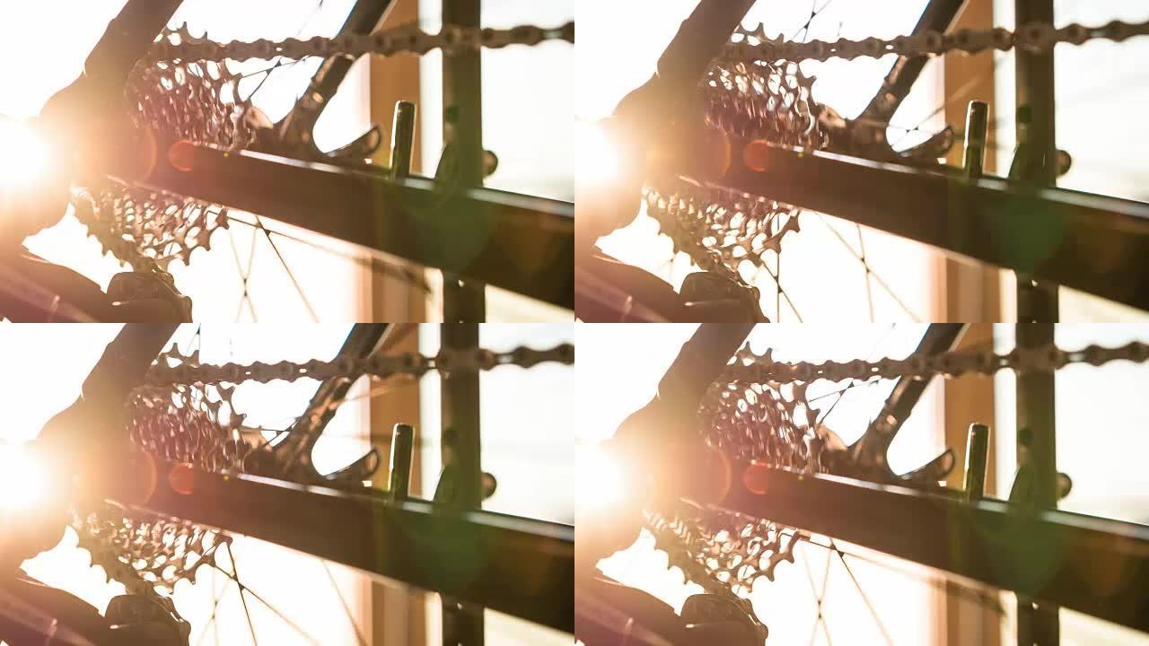 运动中的自行车车轮、齿轮和链条