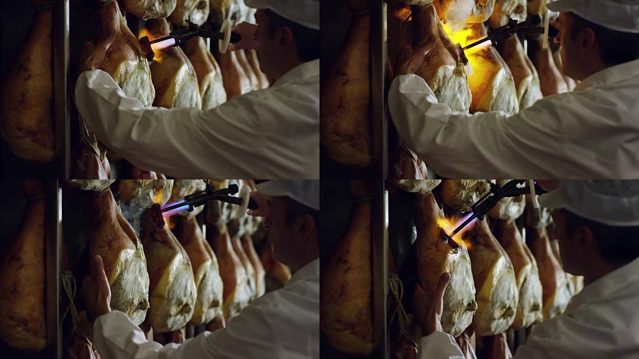 慢动作的工作过程帕尔马火腿专业和传统的历史和文化的真正的和健康的食品