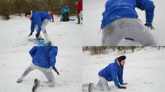 十几岁的男孩在雪地里使用身体板