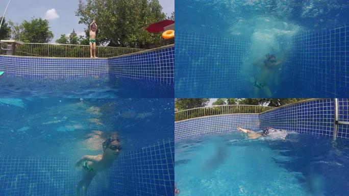 亚洲小男孩跳进游泳池，4k
