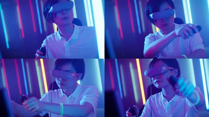戴着虚拟现实耳机的东亚职业玩家玩带有操纵杆/控制器的在线视频游戏。房间里很酷的复古霓虹灯颜色。
