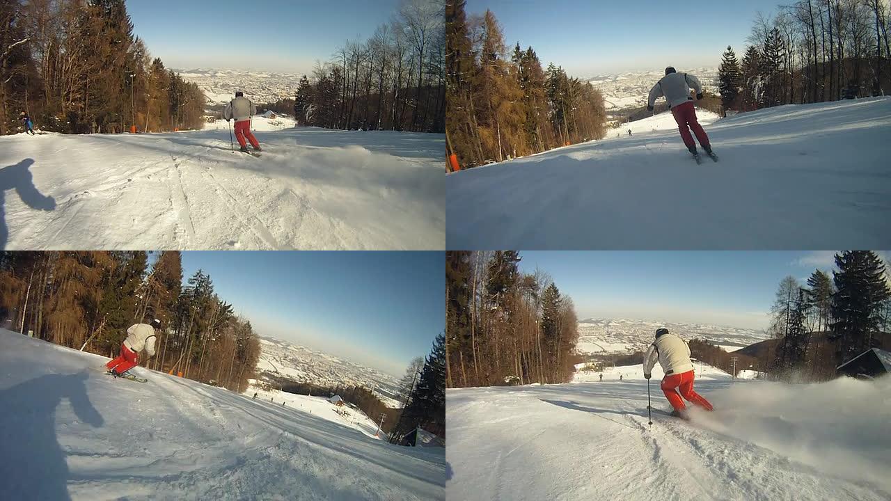 HD慢速运动：滑下滑雪坡