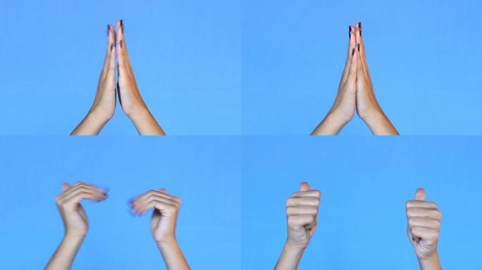 4k女人双手鼓掌，在蓝色背景上竖起大拇指