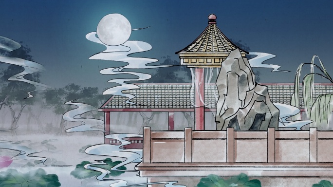 水墨手绘八月十五古风场景LED大屏背景