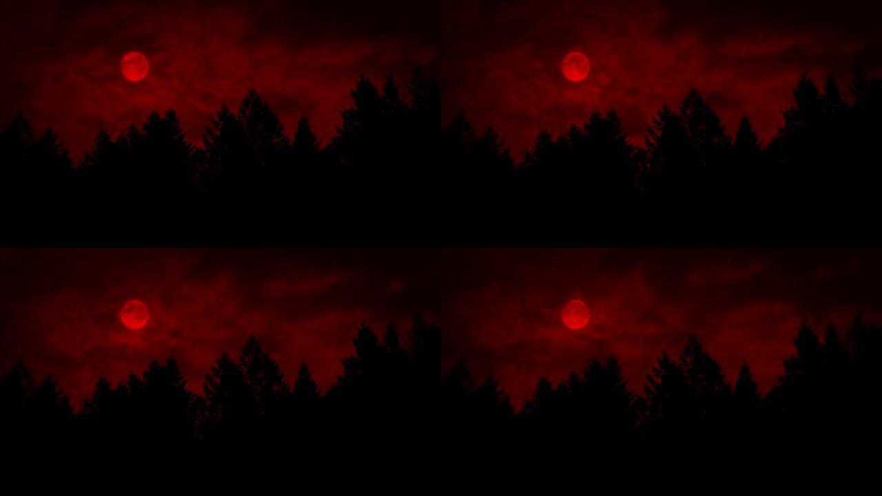 森林上方的红色月亮