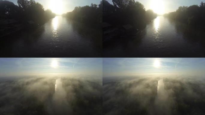 高清：雾中河流的航拍