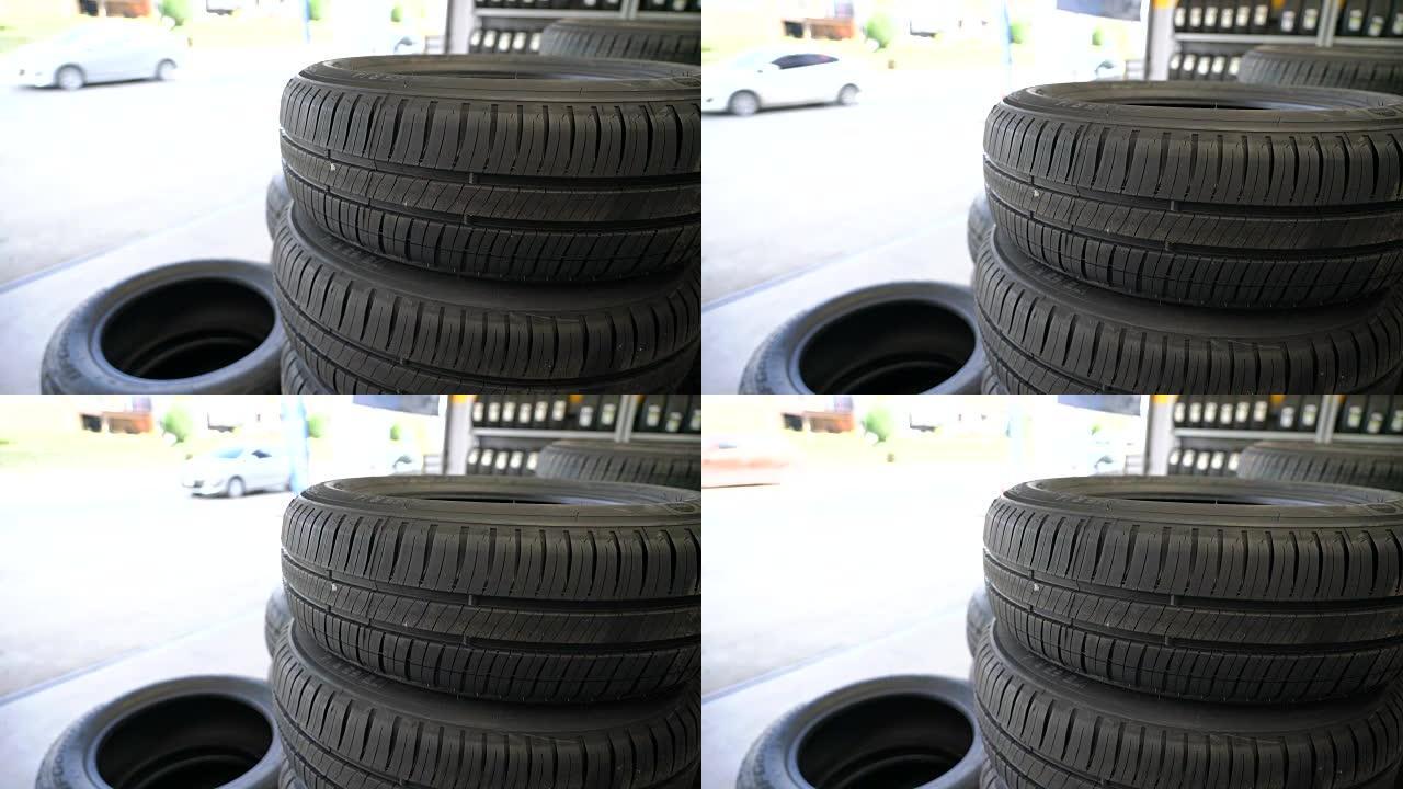 汽车轮胎堆放在车库里。