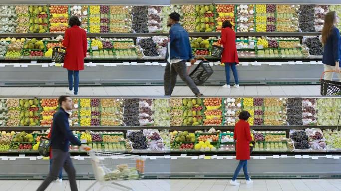 在超市: 女人在商店的新鲜农产品区选择有机水果。她拿起哈密瓜，把它们放进购物篮。后视图镜头。