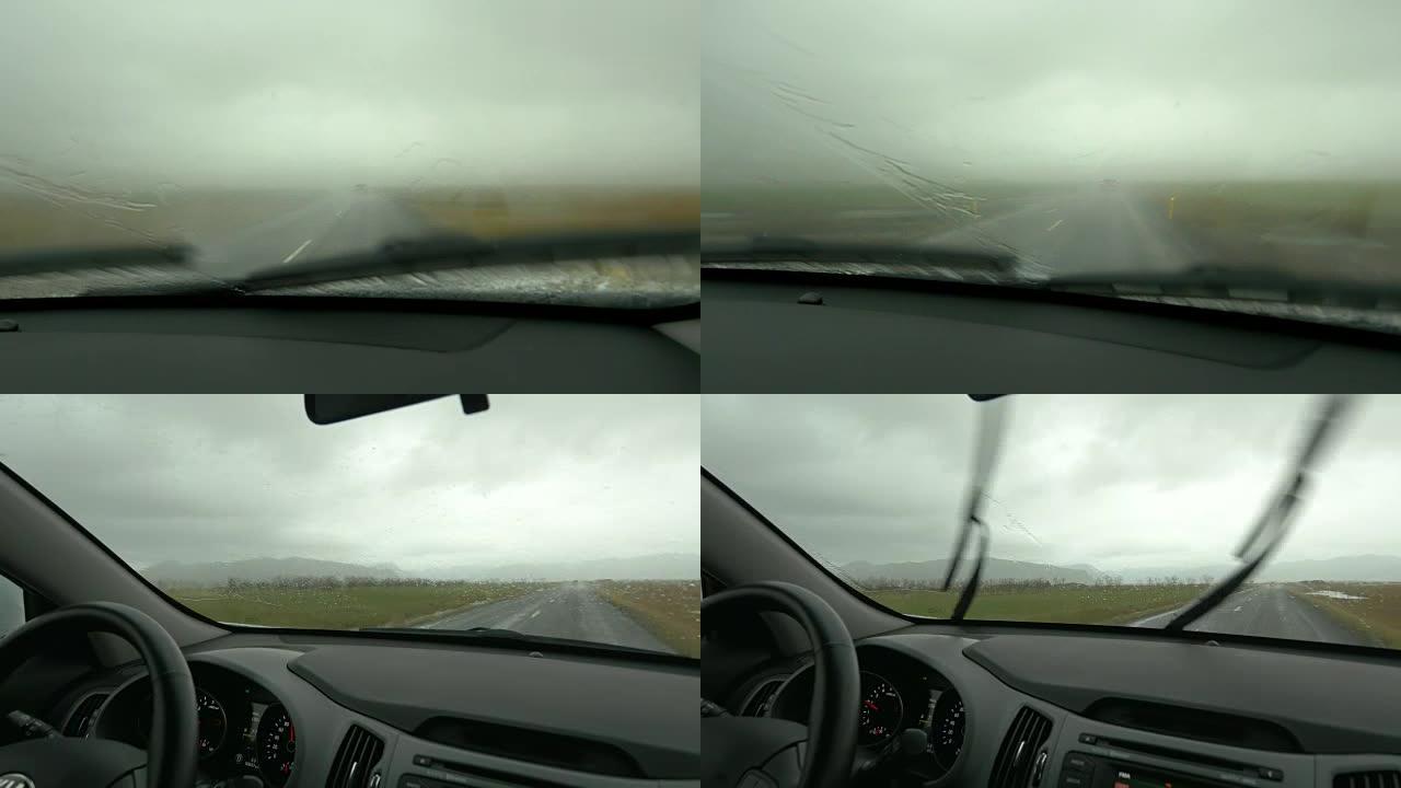 POV在雨中驾驶雨中行驶第一视角驾驶