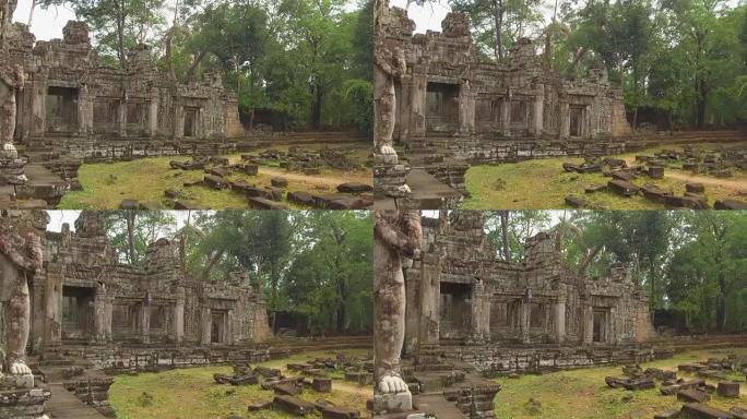 特写: 古老的佛教寺庙遗迹在安静的绿色森林中腐烂。