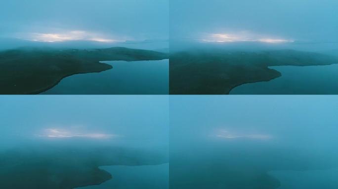神秘的湖。鸟瞰图仙境环境云雾