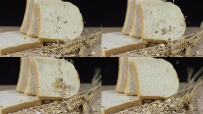 HD SUPER SLOW-MO：燕麦掉落在吐司和小麦上