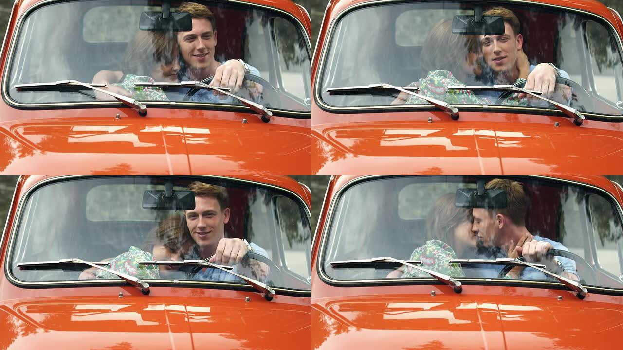情侣在车里接吻国外情侣汽车拥抱亲嘴kis