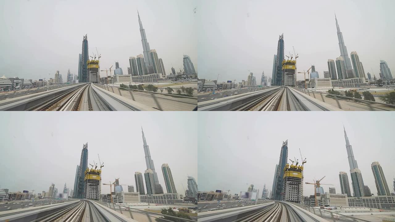 POV迪拜地铁沿哈利法塔运营