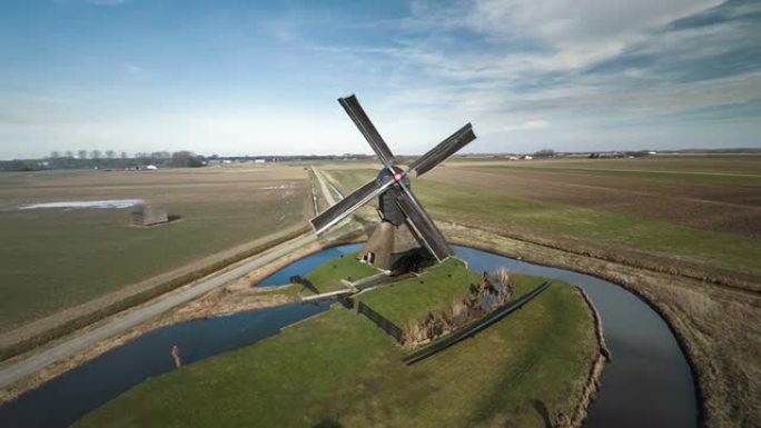 荷兰风车的航拍风力灌溉水利设施风力机