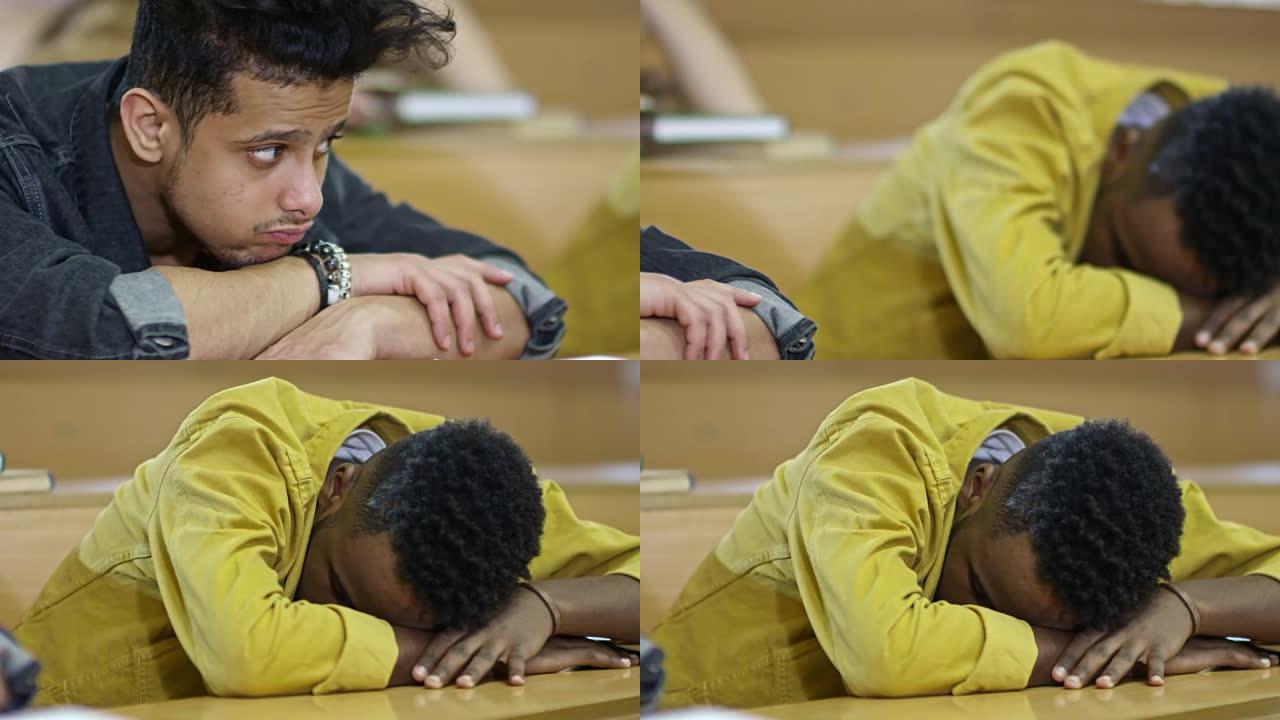 昏昏欲睡的男学生躺在课桌上