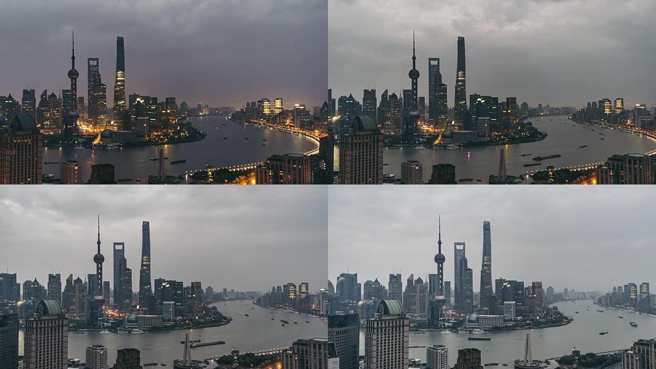 时光流逝-上海天际线的高角度视图，黎明到白天的过渡 (PAN)