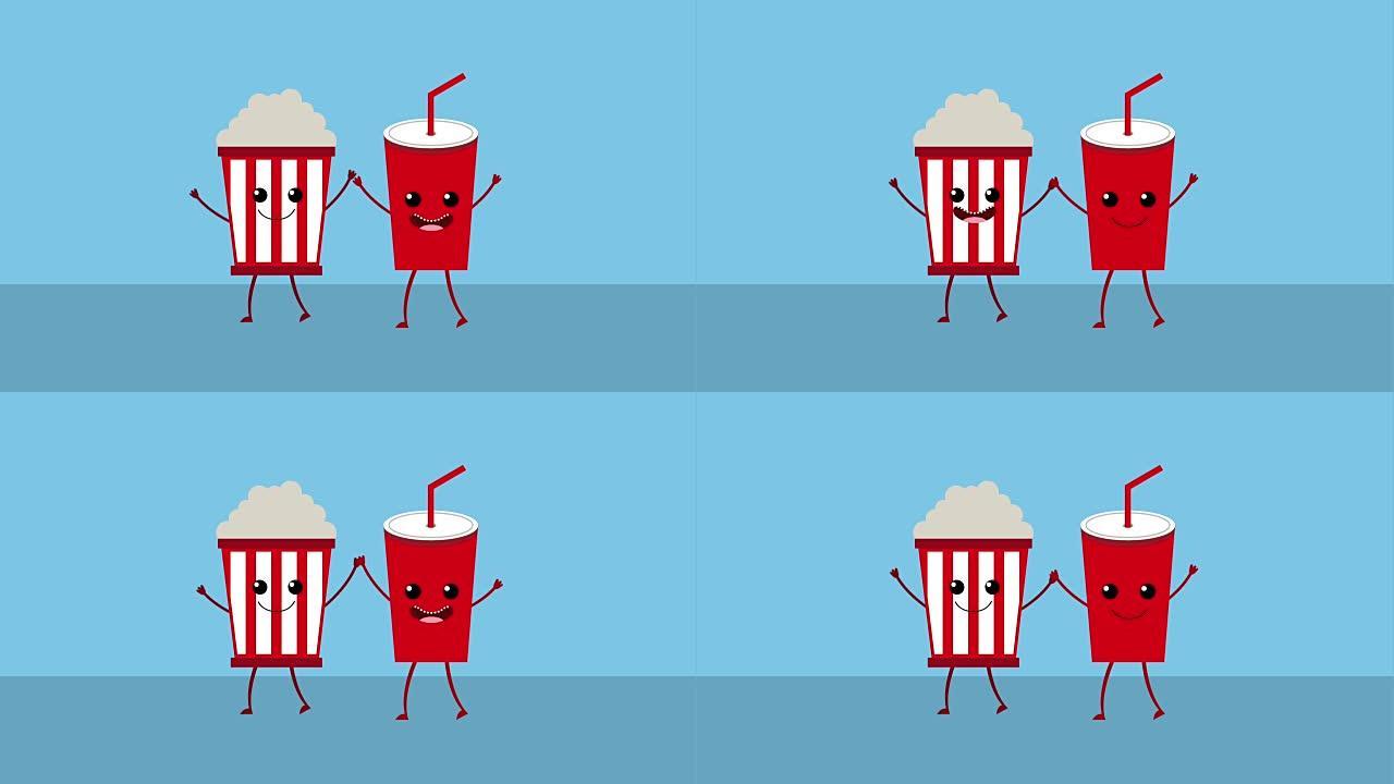 卡哇伊食品卡通动画搭配可乐爆米花