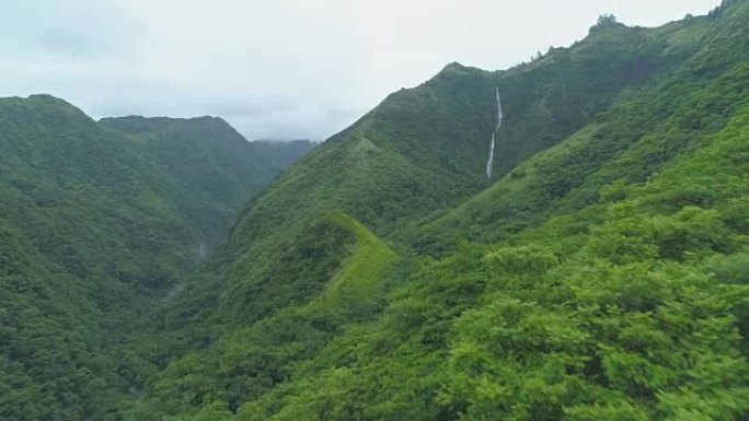 空中: 飞向一条小溪，从森林覆盖的陡峭山上流下。